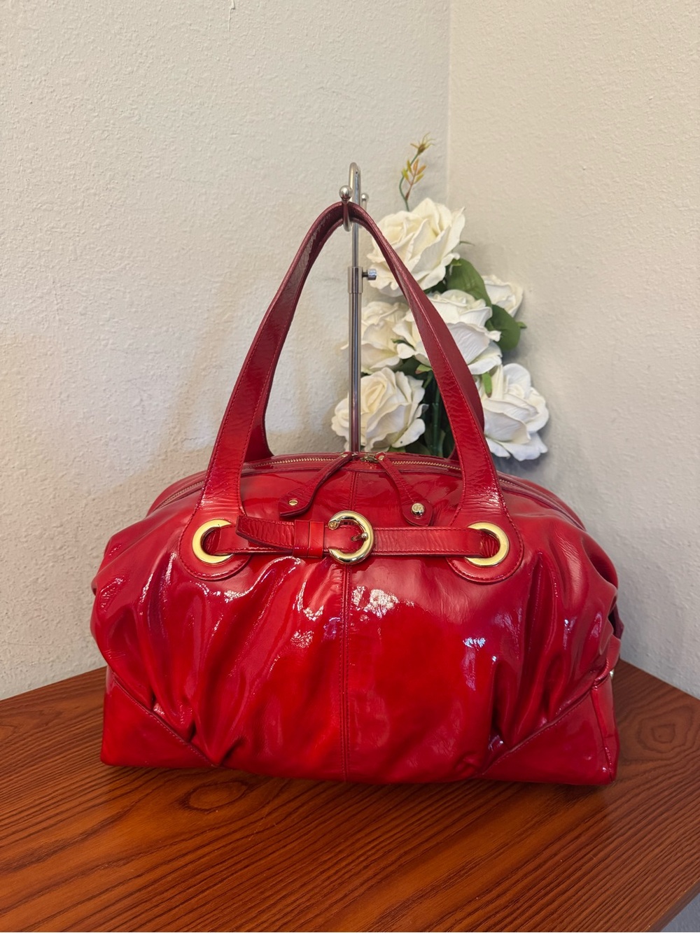 Francesco Biasia Red Patent Leather Shoulder Tote with Gold Rings